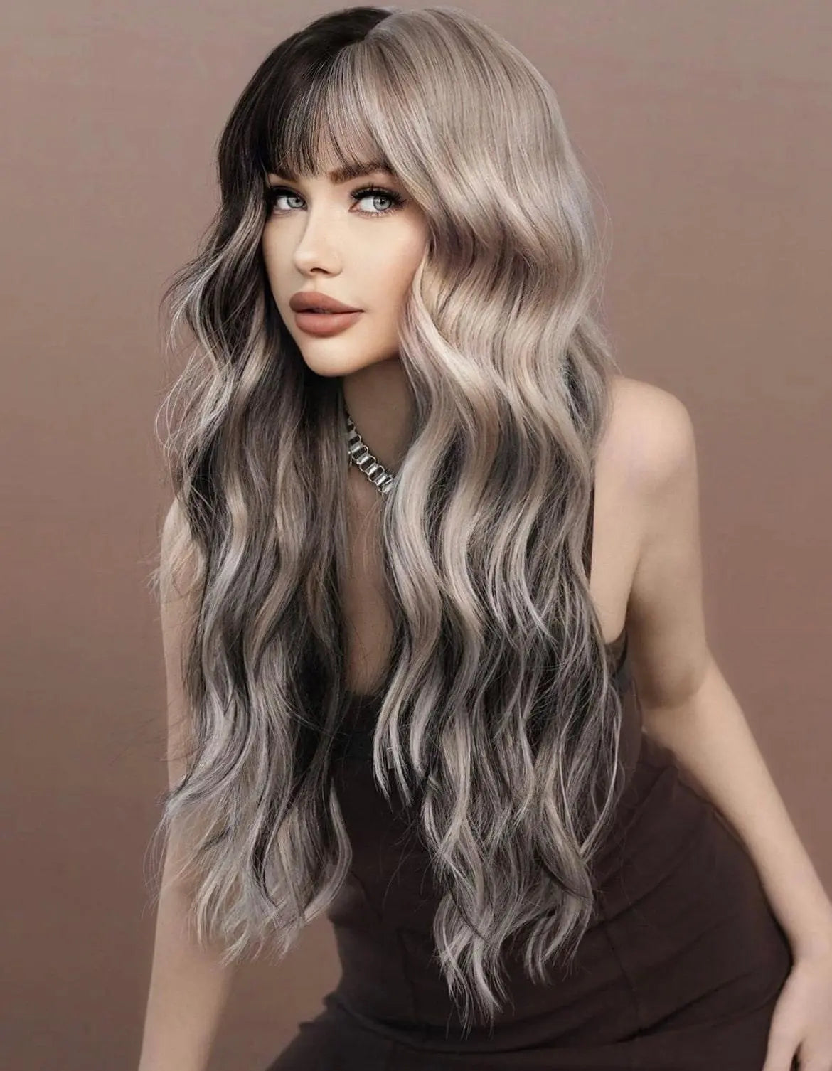 Synthetic Silver Ash Wavy Wig Bangs Natural Soft Body Long Curly Highlight Wigs Party Halloween Cosplay Costume Wig - Labelle Boutique Hair