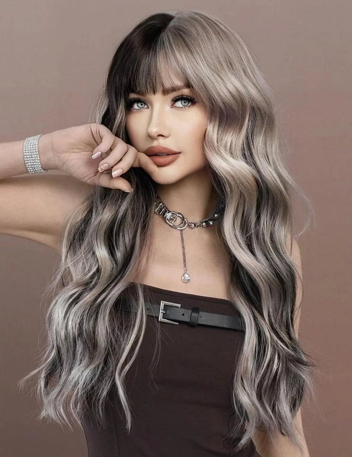 Synthetic Silver Ash Wavy Wig Bangs Natural Soft Body Long Curly Highlight Wigs Party Halloween Cosplay Costume Wig - Labelle Boutique Hair