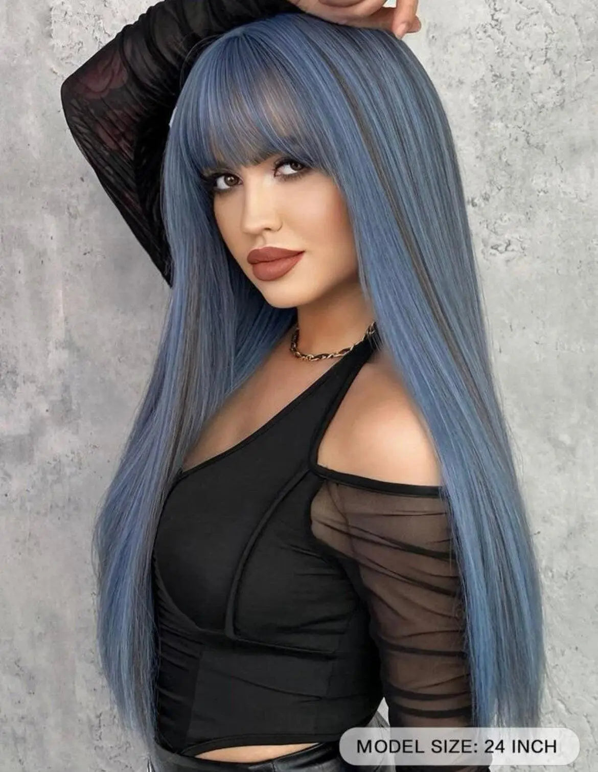 Wigs Long Straight Blue Wig With Bangs Highlight Ash Synthetic Wigs for Woman Wonder Girl Hair Daily Party Halloween Cosplay 24 Inch - Labelle Boutique Hair