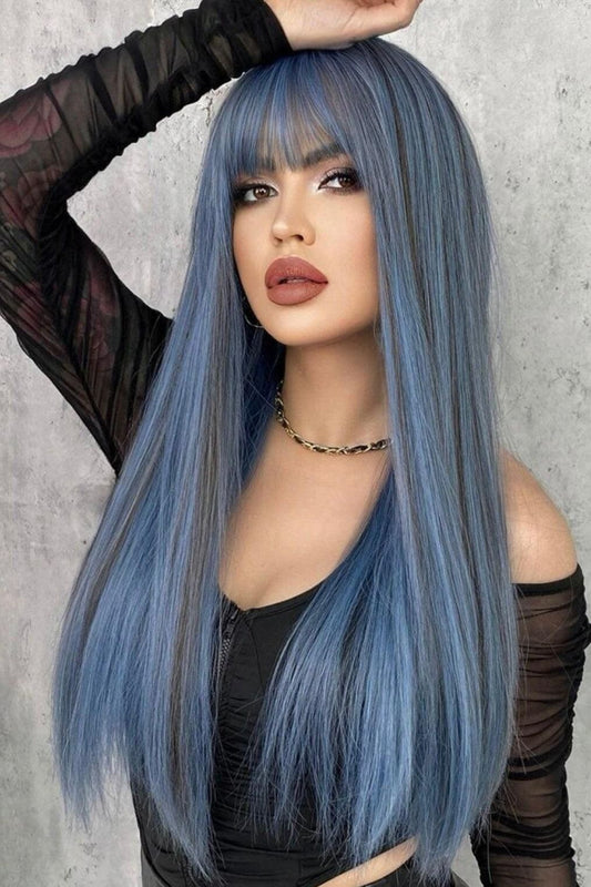 Wigs Long Straight Blue Wig With Bangs Highlight Ash Synthetic Wigs for Woman Wonder Girl Hair Daily Party Halloween Cosplay 24 Inch - Labelle Boutique Hair