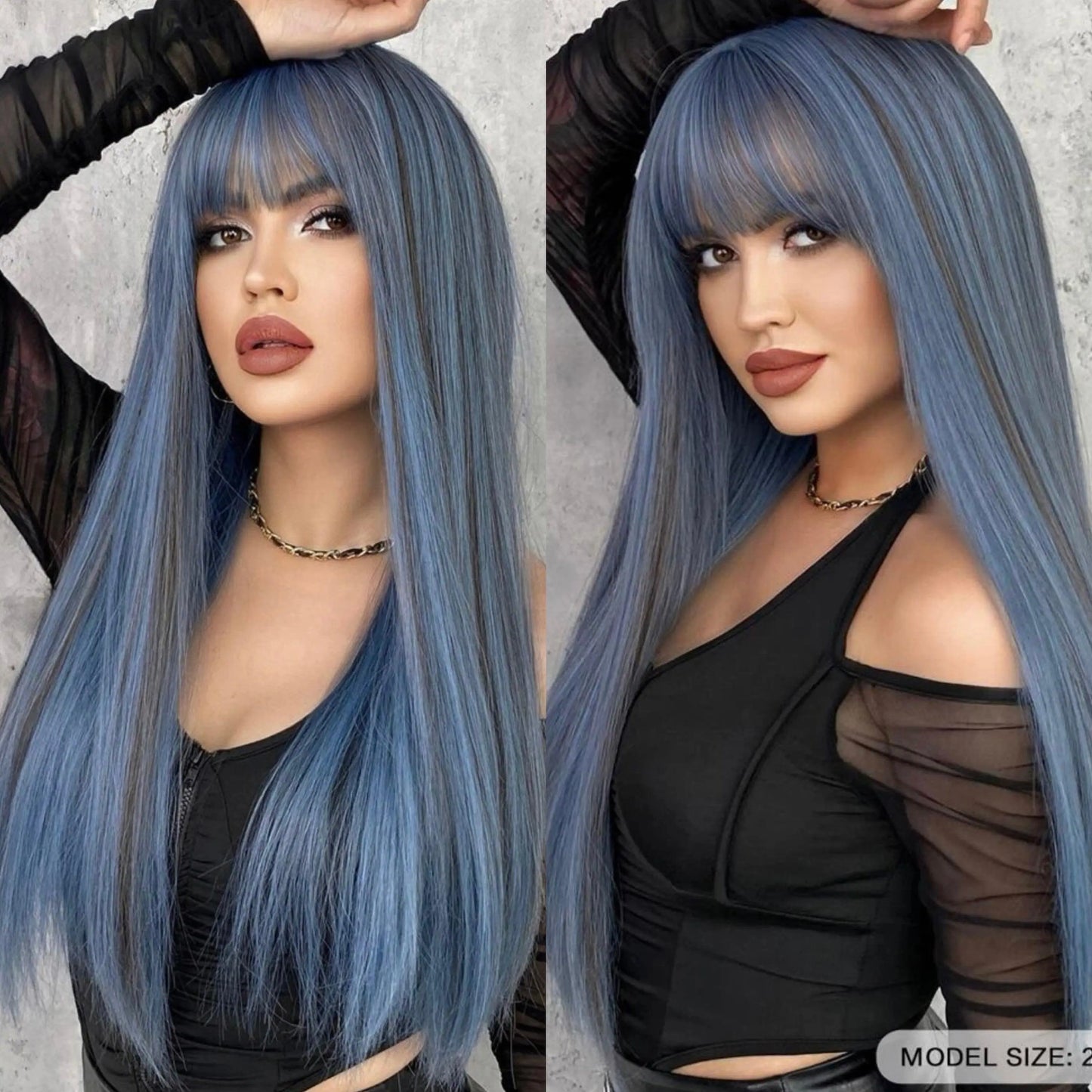 Wigs Long Straight Blue Wig With Bangs Highlight Ash Synthetic Wigs for Woman Wonder Girl Hair Daily Party Halloween Cosplay 24 Inch - Labelle Boutique Hair