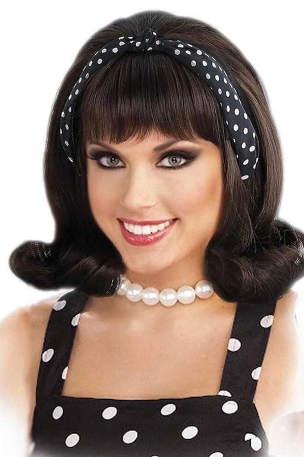 Brown Retro Wigs with Bangs Curl Hair Wig 50s 70s Costume Halloween Cosplay Party wigs - Labelle Boutique Hair