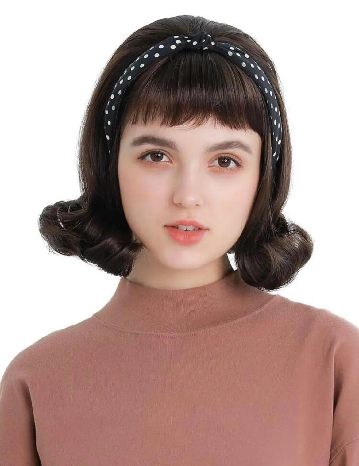 Brown Retro Wigs with Bangs Curl Hair Wig 50s 70s Costume Halloween Cosplay Party wigs - Labelle Boutique Hair