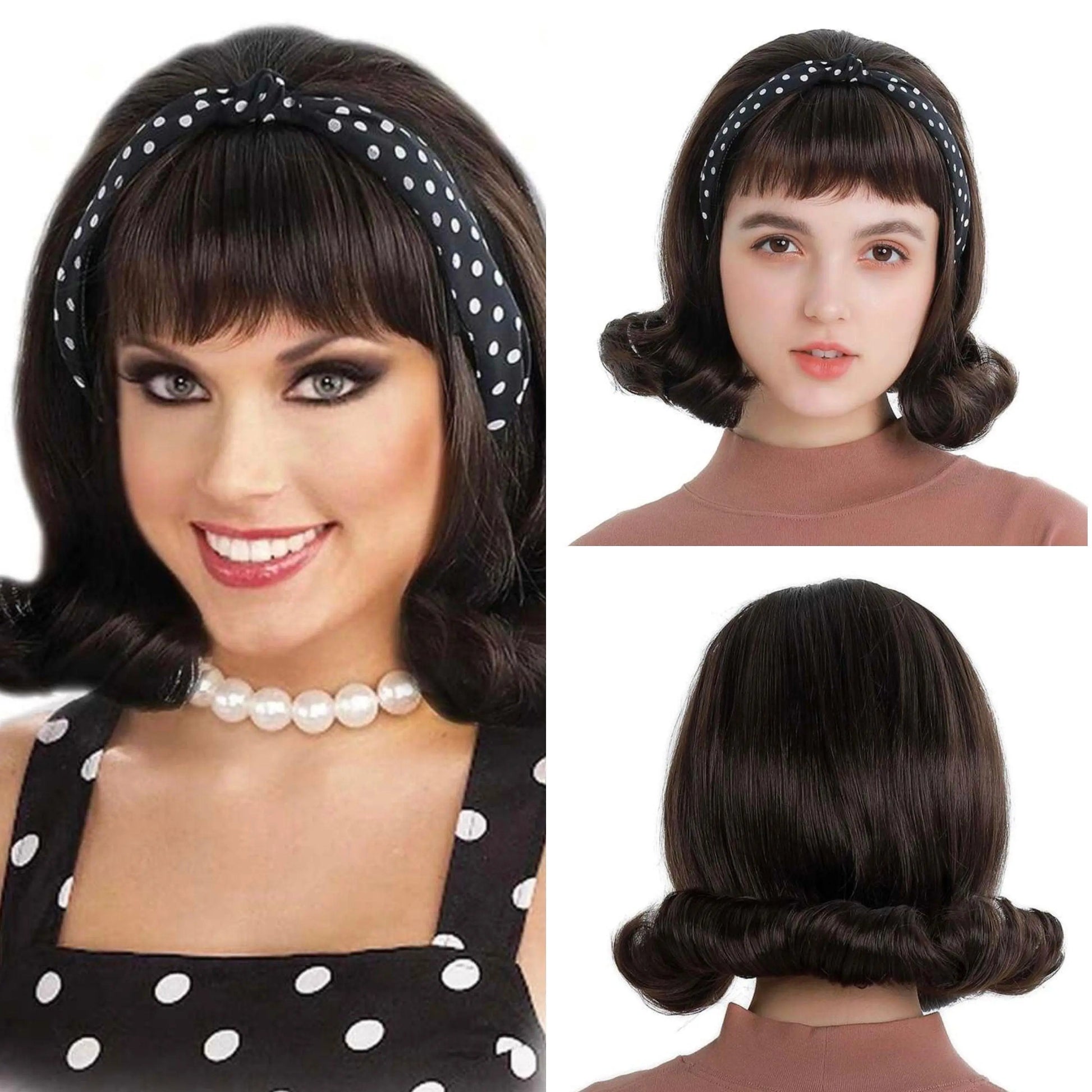 Brown Retro Wigs with Bangs Curl Hair Wig 50s 70s Costume Halloween Cosplay Party wigs - Labelle Boutique Hair