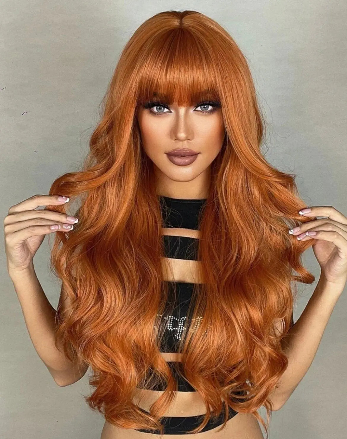 Cosplay Long Body Wave Synthetic Orange Wig With Bangs & 1pc Wig Cap - Labelle Boutique Hair