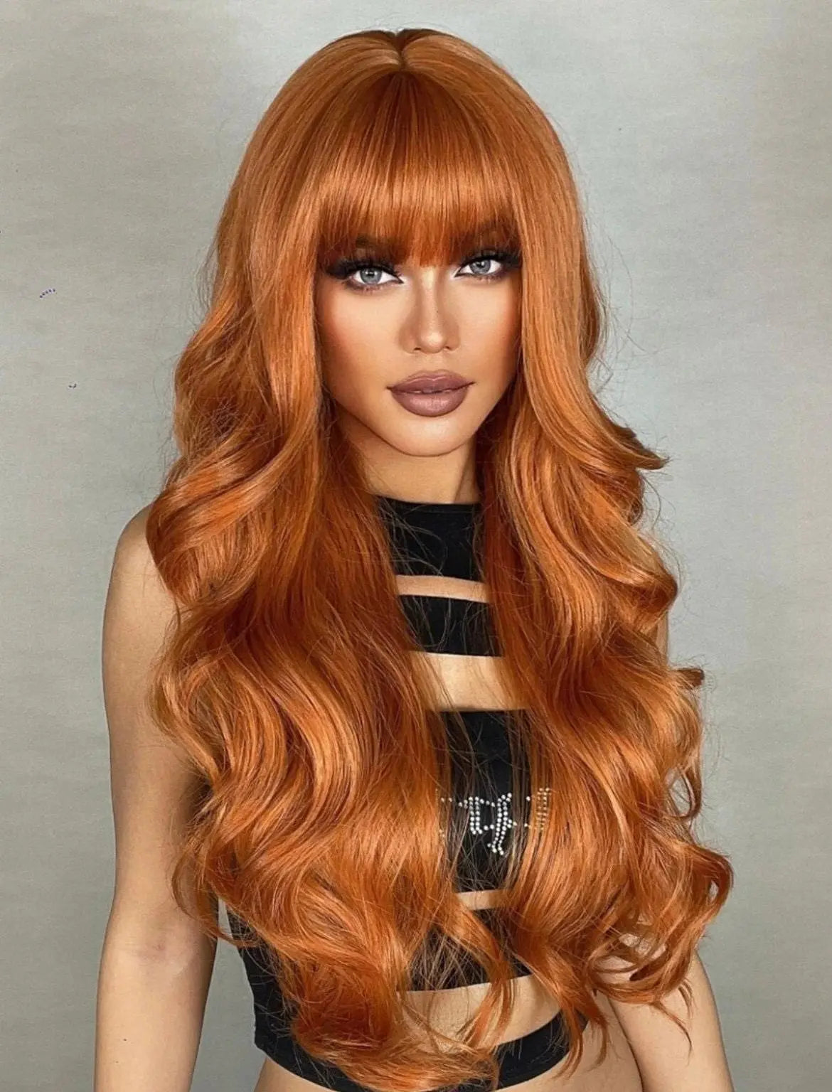 Cosplay Long Body Wave Synthetic Orange Wig With Bangs & 1pc Wig Cap - Labelle Boutique Hair