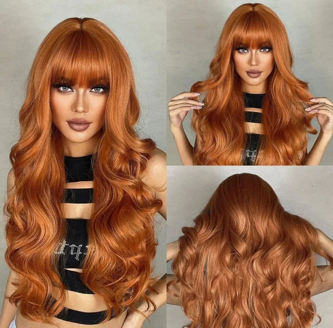 Cosplay Long Body Wave Synthetic Orange Wig With Bangs & 1pc Wig Cap - Labelle Boutique Hair