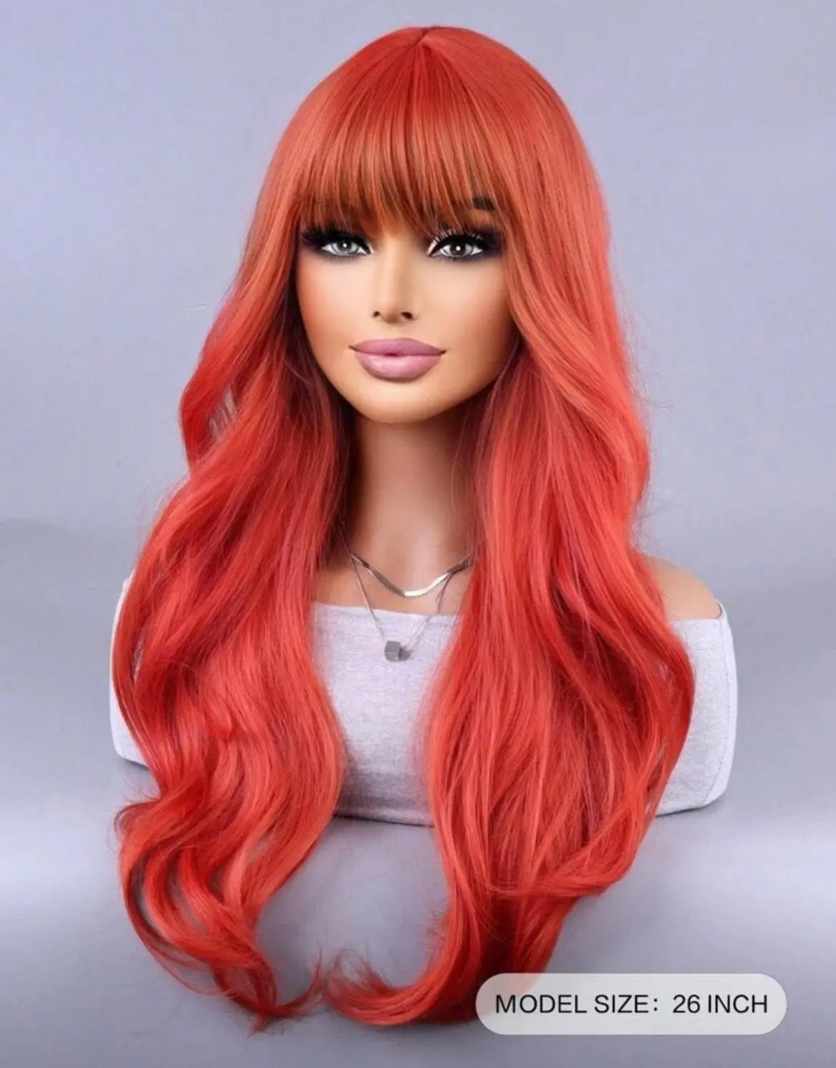 Synthetic Red Wig With Bangs and Wavy Curls - Labelle Boutique Hair