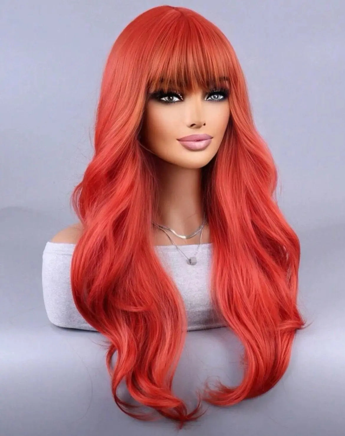 Synthetic Red Wig With Bangs and Wavy Curls - Labelle Boutique Hair