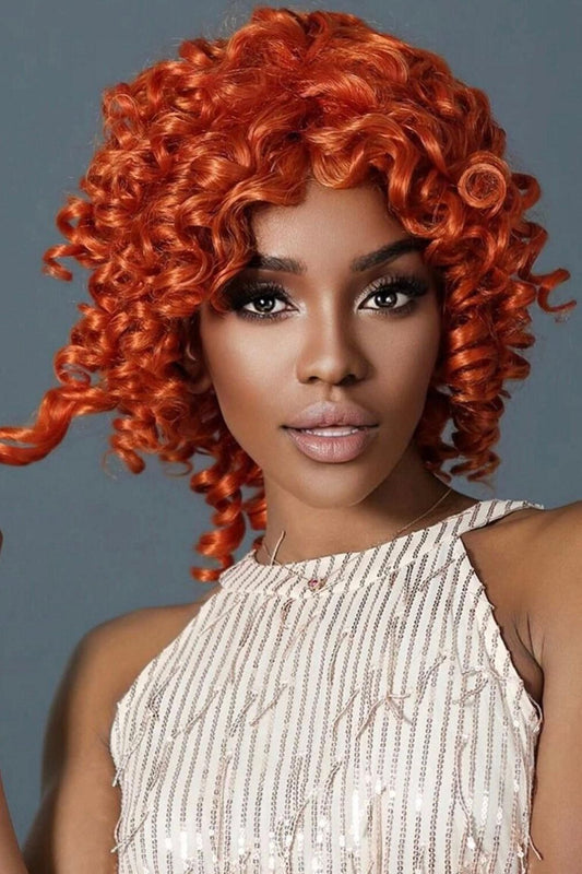 Short Curly Synthetic Orange Wig With Bangs - Labelle Boutique Hair