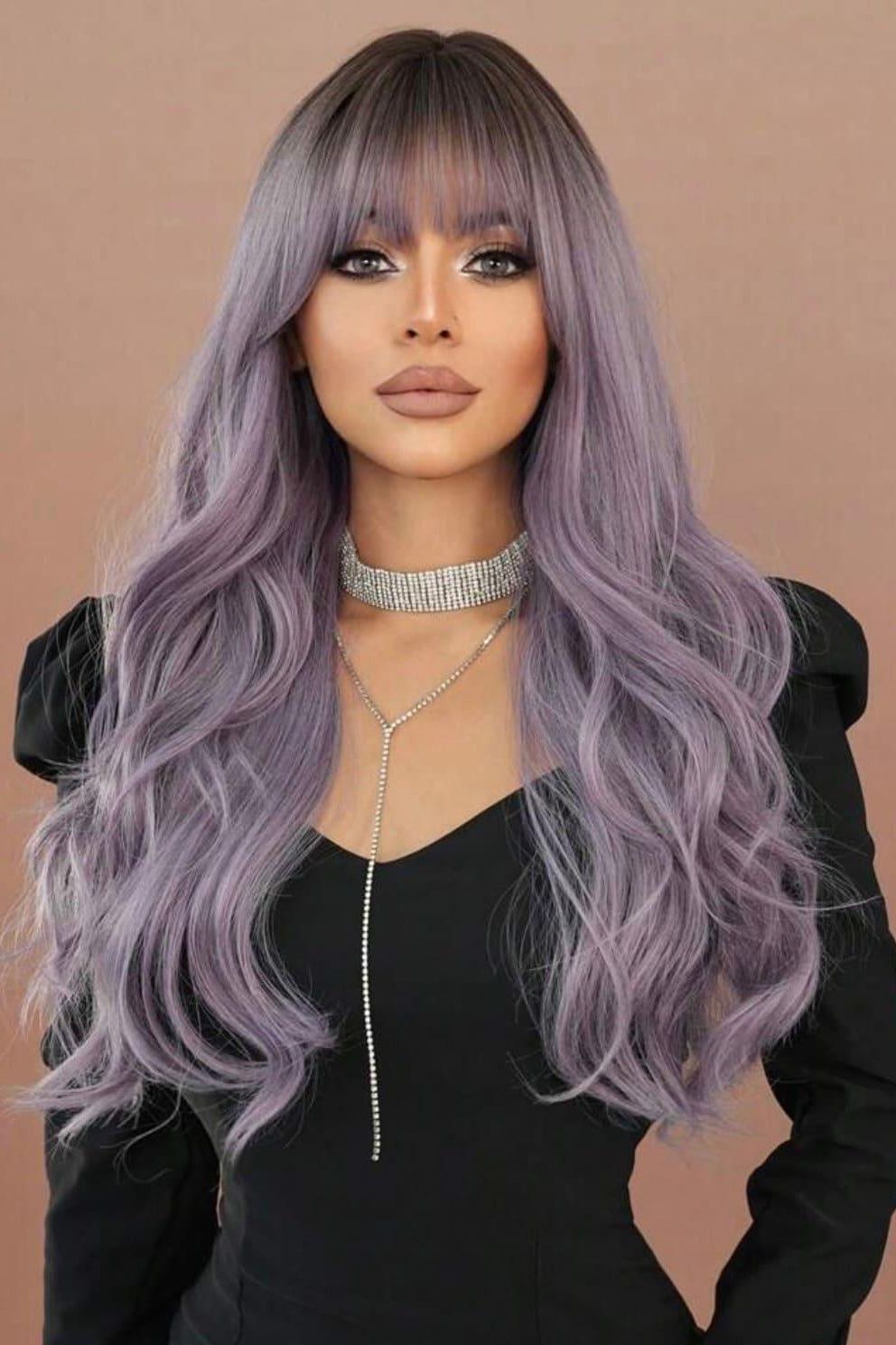 Long Wavy Purple Wig with Bangs Synthetic Ombre Curly - Labelle Boutique Hair wigs  Long Wavy Purple Wig with Bangs Synthetic Ombre Curly 