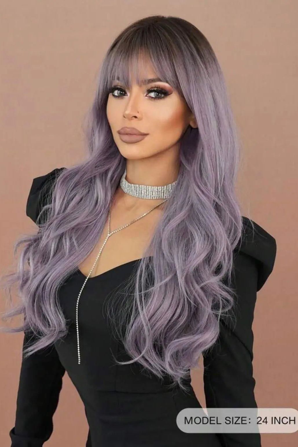 Long Wavy Purple Wig with Bangs Synthetic Ombre Curly - Labelle Boutique Hair wigs  Long Wavy Purple Wig with Bangs Synthetic Ombre Curly 