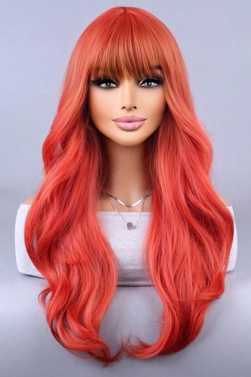 Synthetic Red Wig With Bangs and Wavy Curls - Labelle Boutique Hair