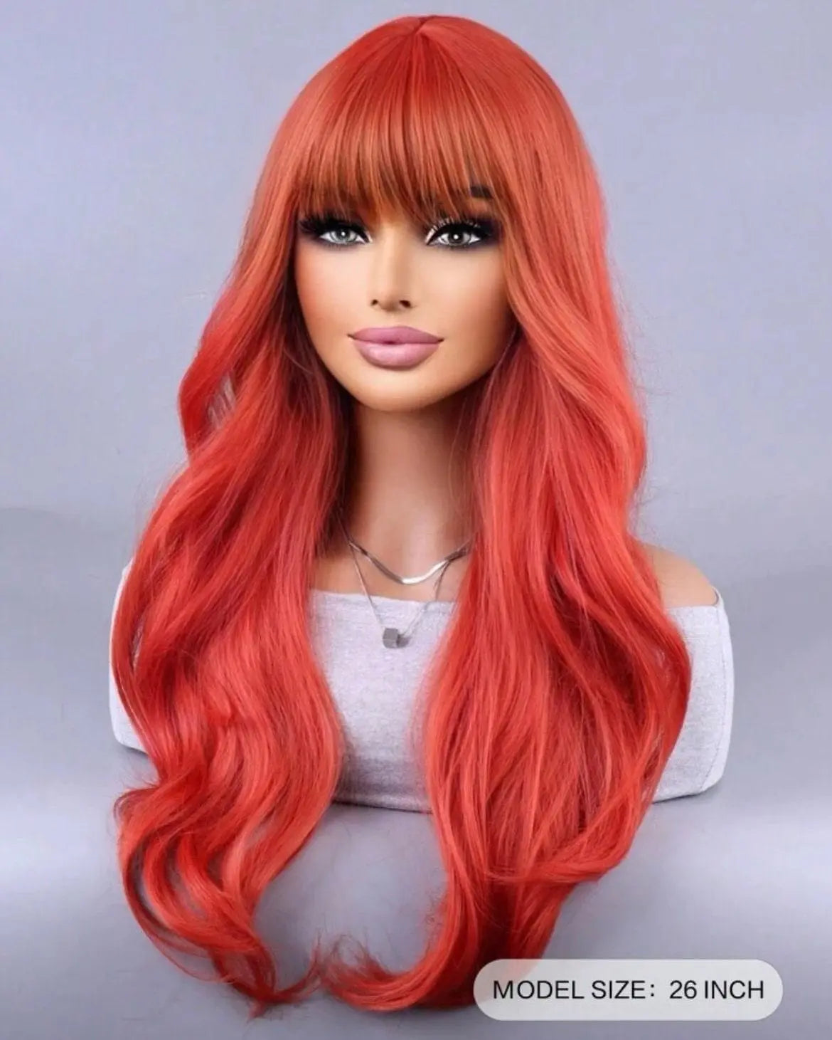 Synthetic Red Wig With Bangs and Wavy Curls - Labelle Boutique Hair