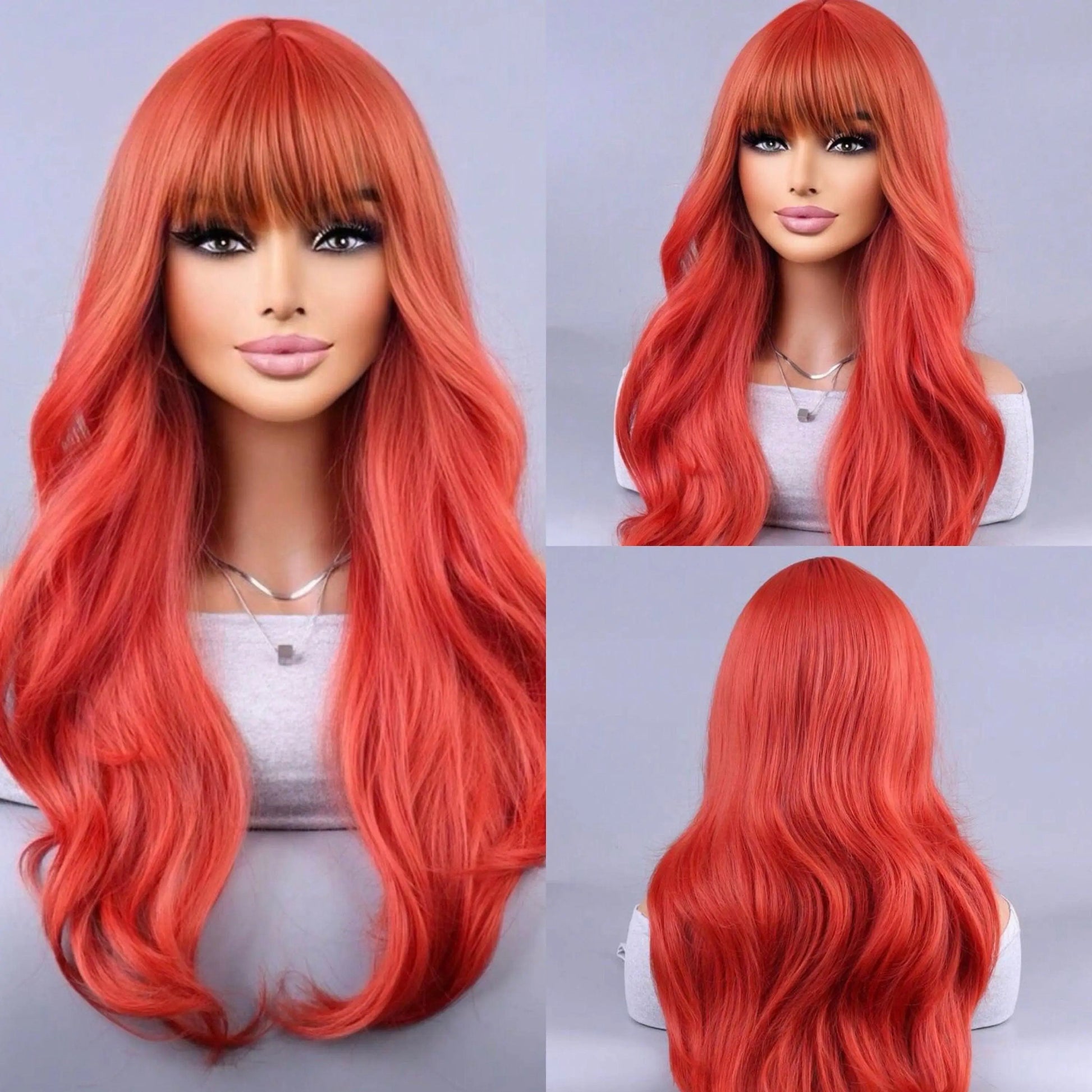 Synthetic Red Wig With Bangs and Wavy Curls - Labelle Boutique Hair