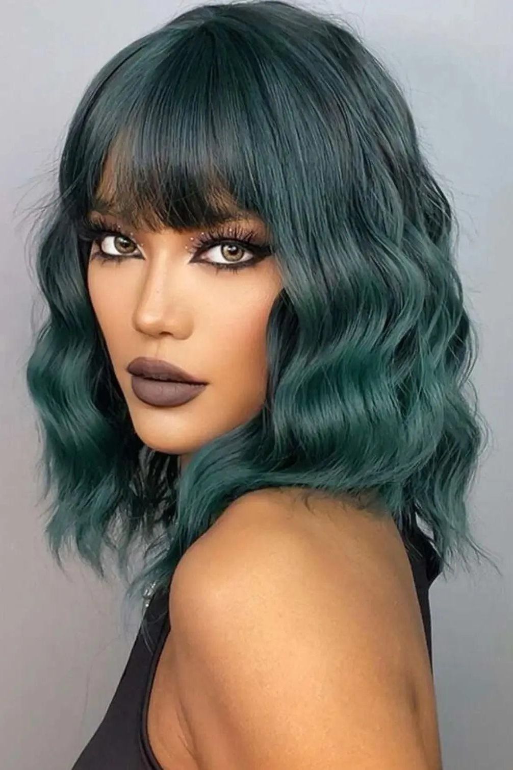 Dark Green Wavy Wig with Bang | Short Curly Full Wigs | Synthetic - Labelle Boutique Hair wigs  Dark Green Wavy Wig with Bang | Short Curly Full Wigs | Synthetic 