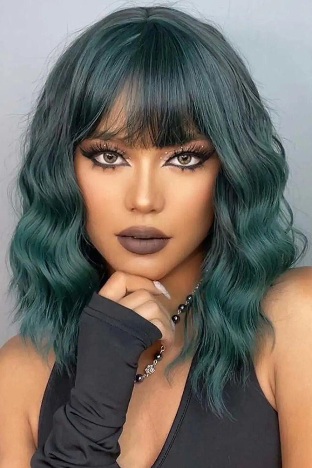 Dark Green Wavy Wig with Bang | Short Curly Full Wigs | Synthetic - Labelle Boutique Hair wigs  Dark Green Wavy Wig with Bang | Short Curly Full Wigs | Synthetic 