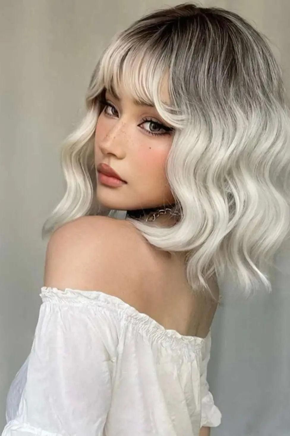 Ombre Short Wavy Cosplay Wigs with Bangs Light Platinum Bob Synthetic Hair - Labelle Boutique Hair   Ombre Short Wavy Cosplay Wigs with Bangs Light Platinum Bob Synthetic Hair 