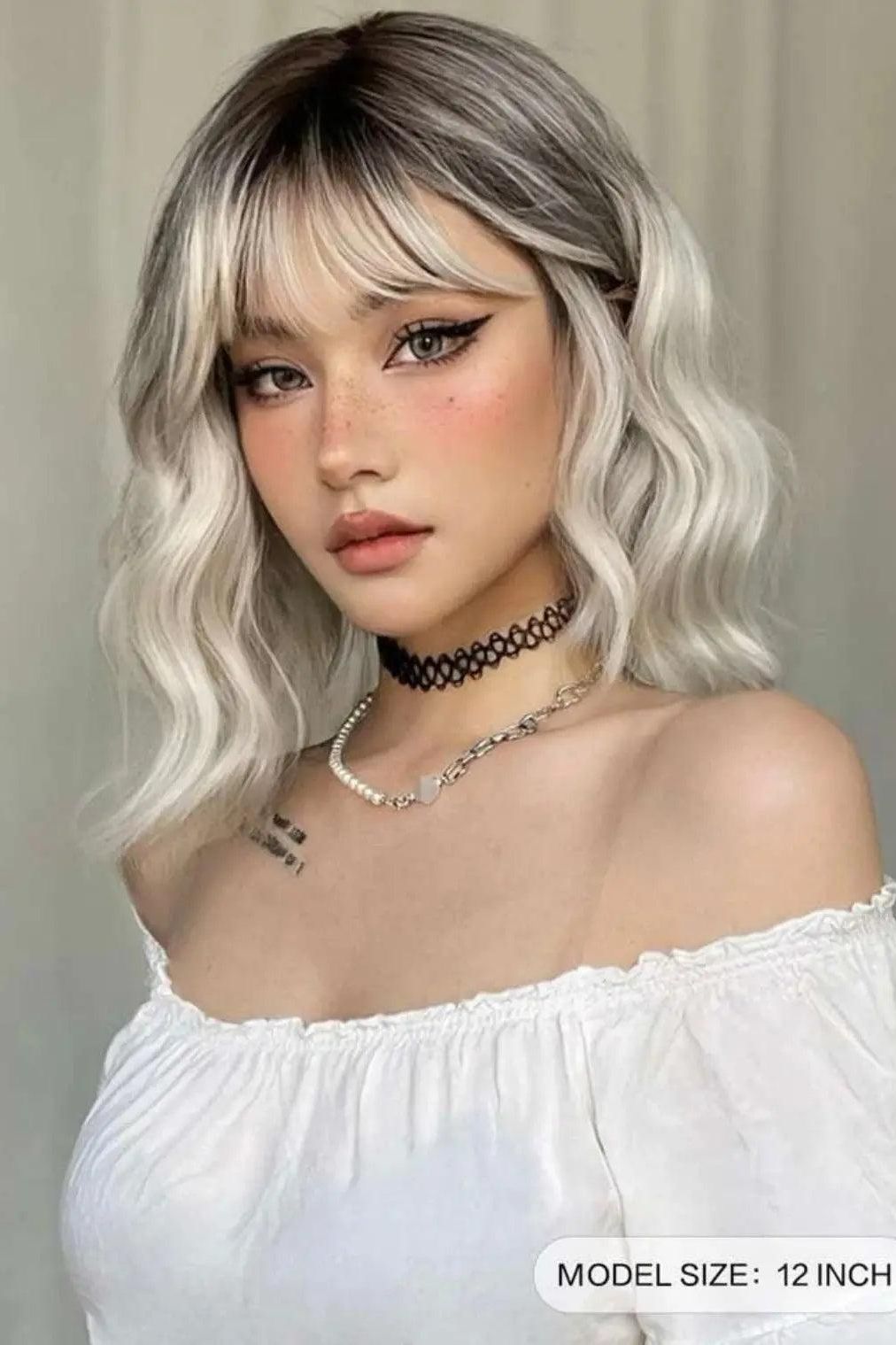 Ombre Short Wavy Cosplay Wigs with Bangs Light Platinum Bob Synthetic Hair - Labelle Boutique Hair   Ombre Short Wavy Cosplay Wigs with Bangs Light Platinum Bob Synthetic Hair 