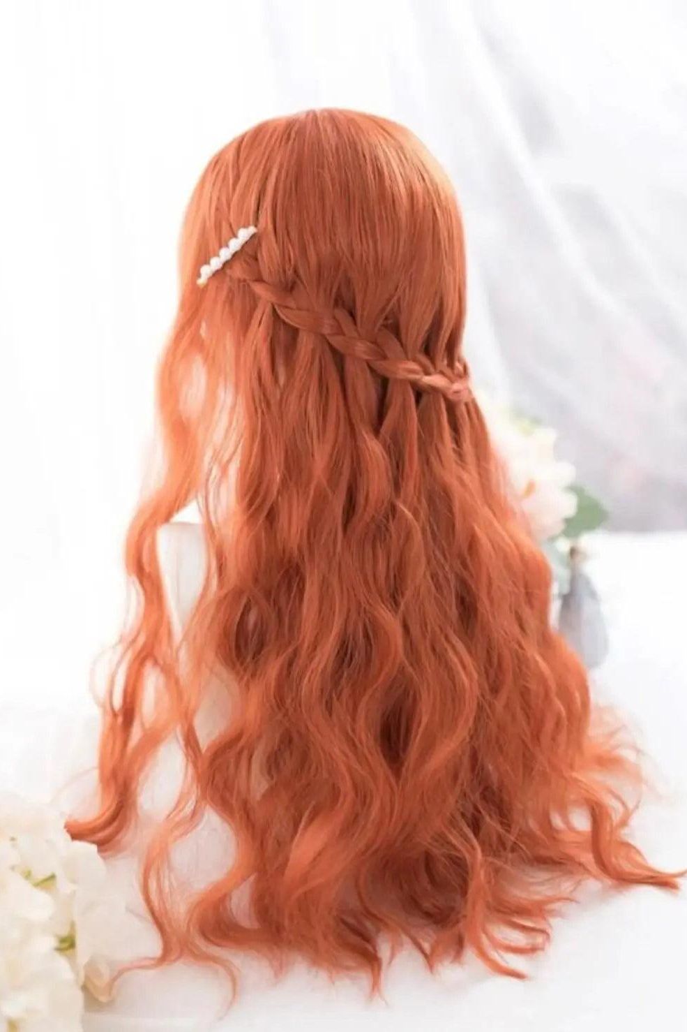 Natural Long Curly Synthetic Orange Wig With Bangs - Labelle Boutique Hair wigs  Natural Long Curly Synthetic Orange Wig With Bangs 