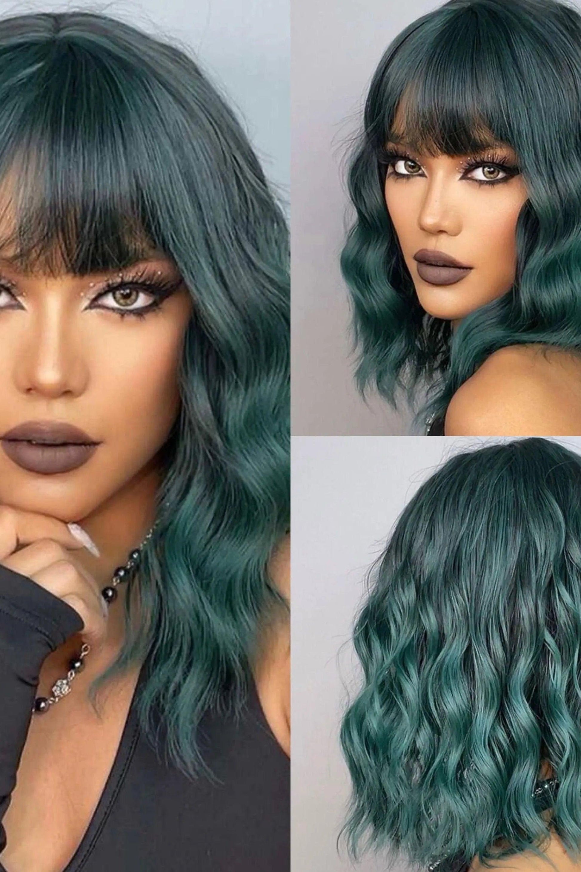 Dark Green Wavy Wig with Bang | Short Curly Full Wigs | Synthetic - Labelle Boutique Hair wigs  Dark Green Wavy Wig with Bang | Short Curly Full Wigs | Synthetic 