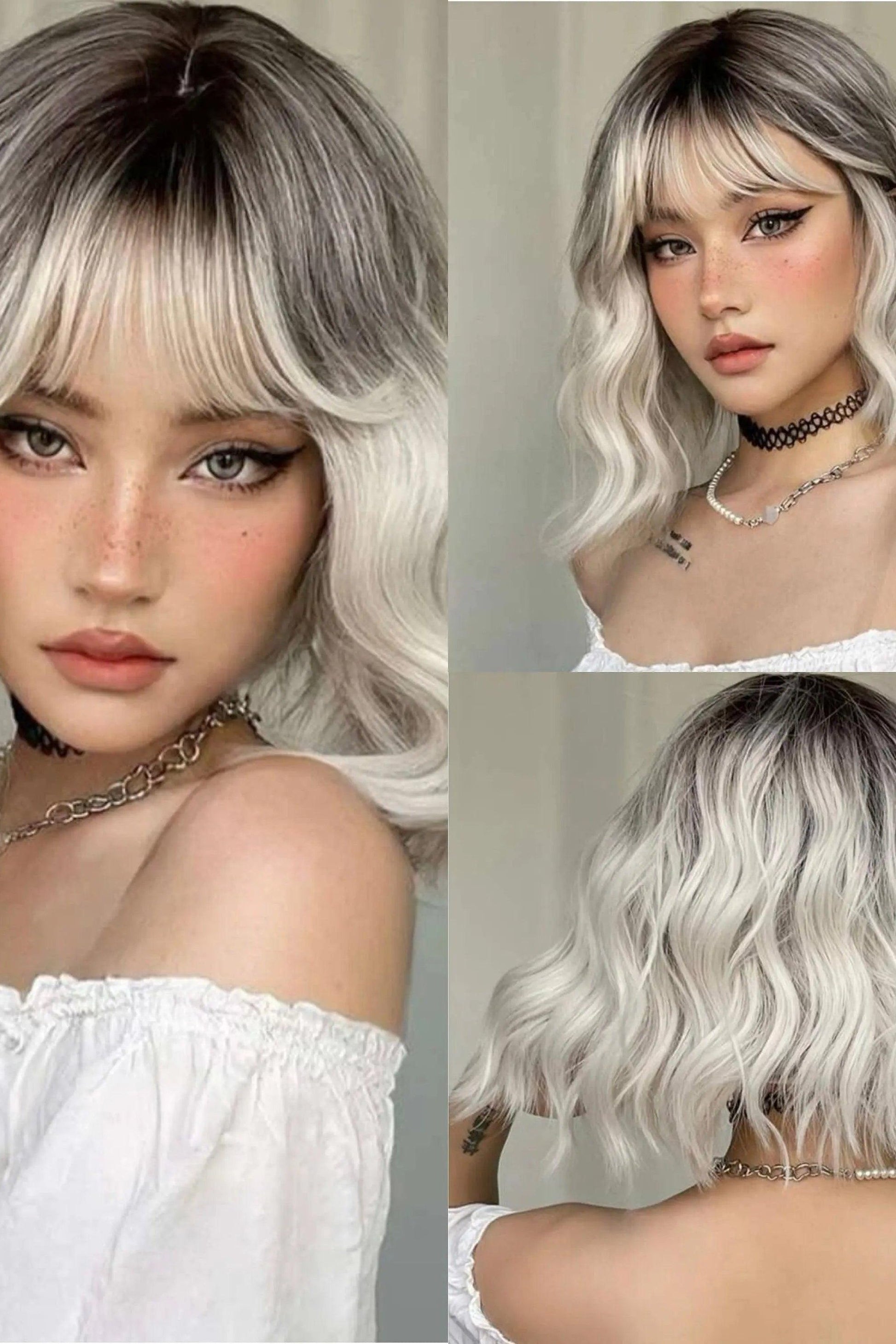 Ombre Short Wavy Cosplay Wigs with Bangs Light Platinum Bob Synthetic Hair - Labelle Boutique Hair   Ombre Short Wavy Cosplay Wigs with Bangs Light Platinum Bob Synthetic Hair 