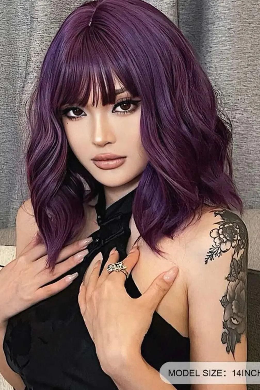 Dark Purple Short Bob Wig with Bangs Wavy Wig Synthetic - Labelle Boutique Hair   Dark Purple Short Bob Wig with Bangs Wavy Wig Synthetic 